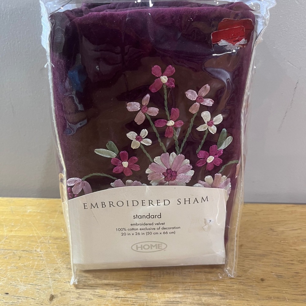 Vtg Target Home Embroidered Velvet Standard Pillow Sham Plum Floral 20x26 NEW